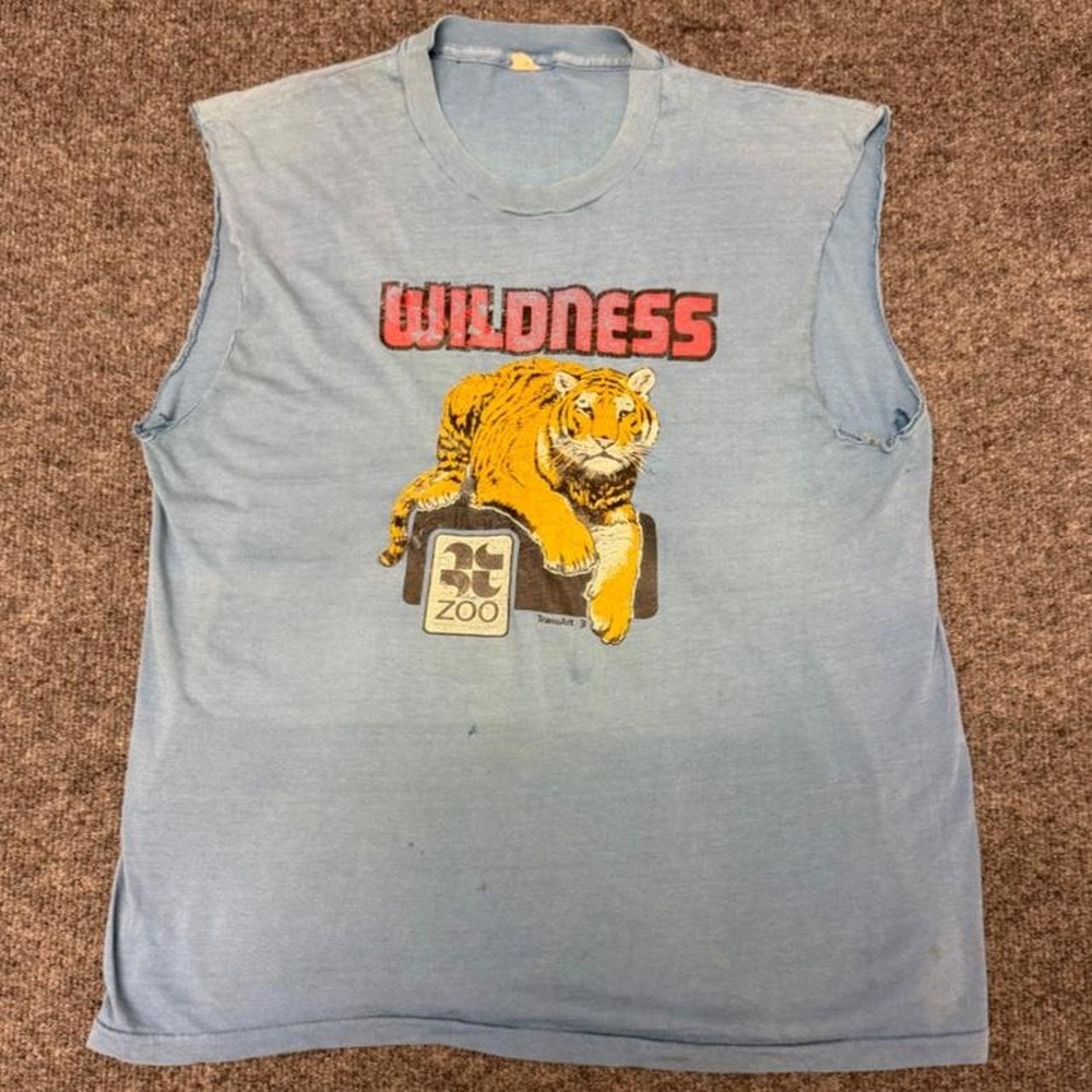 Vintage 1980s Wildness Tiger Cut Off Tank Top Tee Blue Minnesota Zoo Mens M
